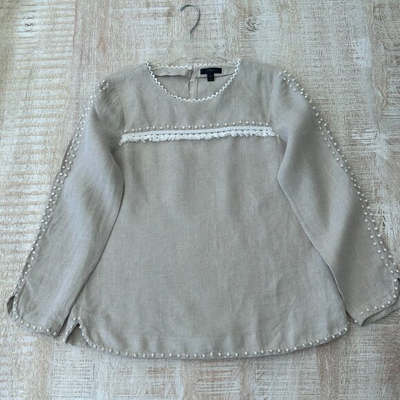 J. Crew 100% Linen Top/Shirt Embroidered French Knot Tan/Beige Womens Tunic 8 - Picture 3 of 10